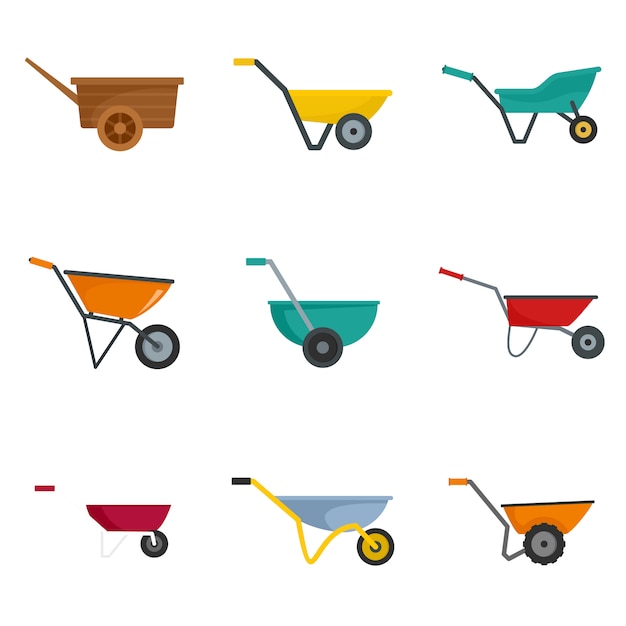 Wheelbarrow garden plant icons set