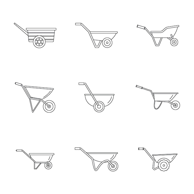 Wheelbarrow garden plant icons set