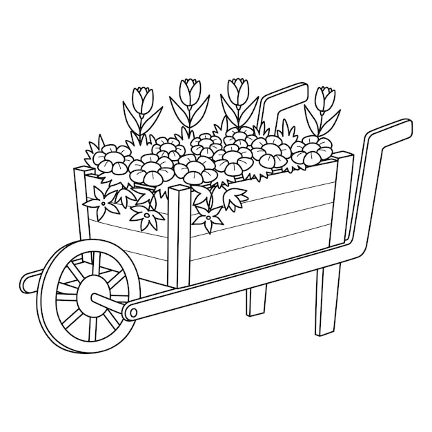 Wheelbarrow with Flowers Isolated Coloring Page