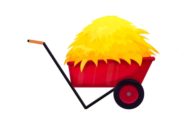 Wheelbarrow with hay pile straw dry grass in cartoon style