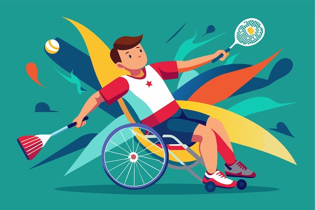 Vector a wheelchair badminton player demonstrates skill and determination with a striking vibrant backdrop customizable paralympic badminton illustration