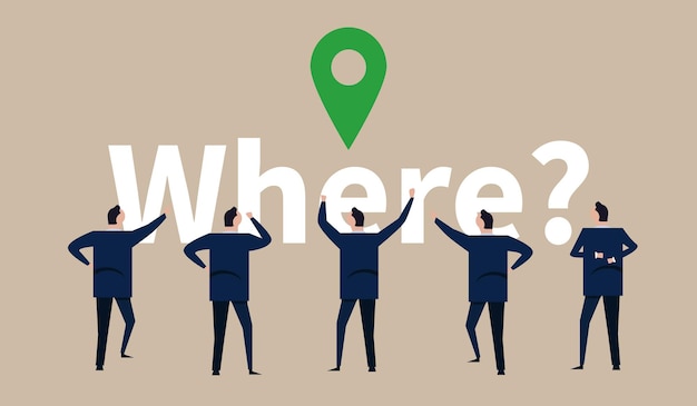 Where location business place pointer team of businessman discuss map location