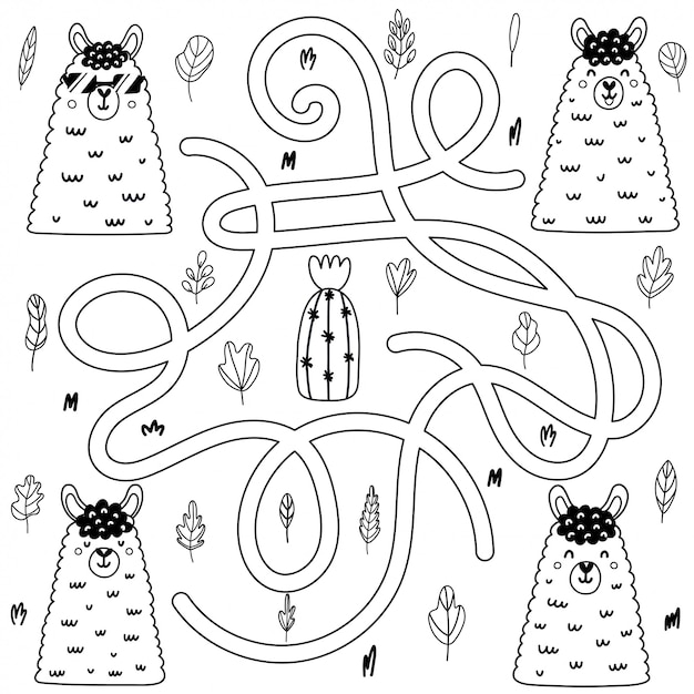 Which llama comes to the cactus. Black and white maze game for kids with funny alpacas. Coloring page for children with lamas.   illustration