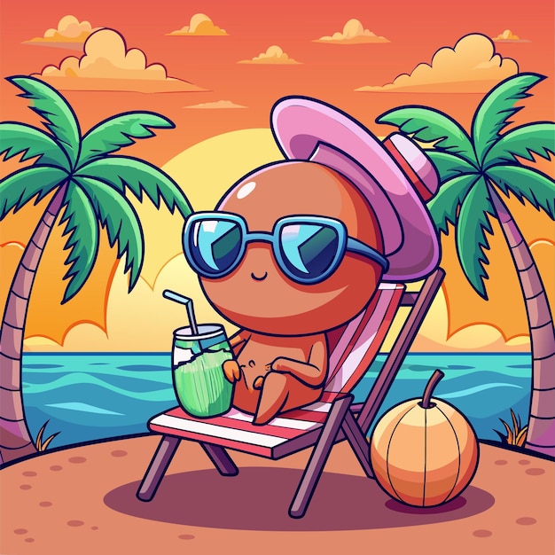 Vector a whimsical and adorable cute shrimp wearing sunglasses lounging on a beach chair