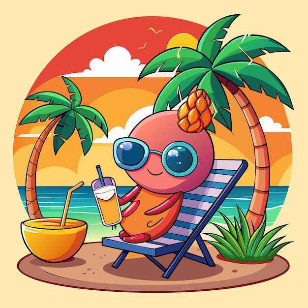 Vector a whimsical and adorable cute shrimp wearing sunglasses lounging on a beach chair