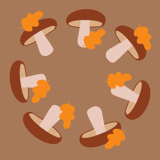 Vector whimsical arrangement of mushrooms with orange caps on a brown background