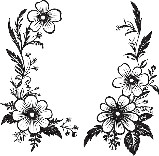 Whimsical Botanical Encasement Vector Emblem Majestic Midnight Petal Perimeter Black Border Design