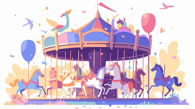 Vector whimsical carousel with brightly painted animal