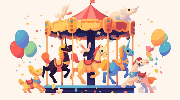 Vector whimsical carousel with brightly painted animal