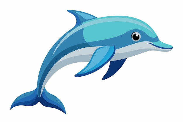 A whimsical cartoon dolphin depicted on a white background featuring a bright smile and a lively pose exuding joy and playfulness