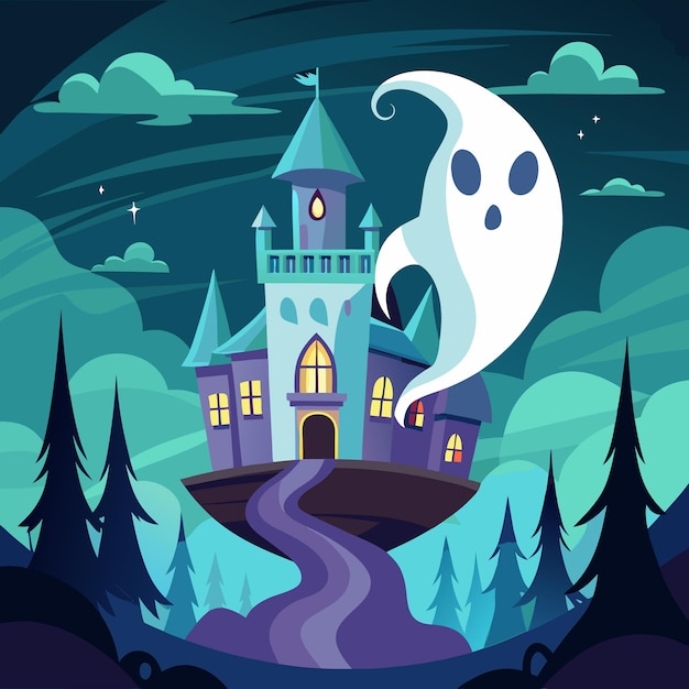 Vector a whimsical cartoon illustration of a haunted castle in the middle of a dark forest at night