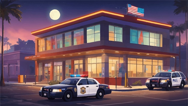 Whimsical Cartoon Police Station at Midnight with Adorable Cars and Expressive Officers