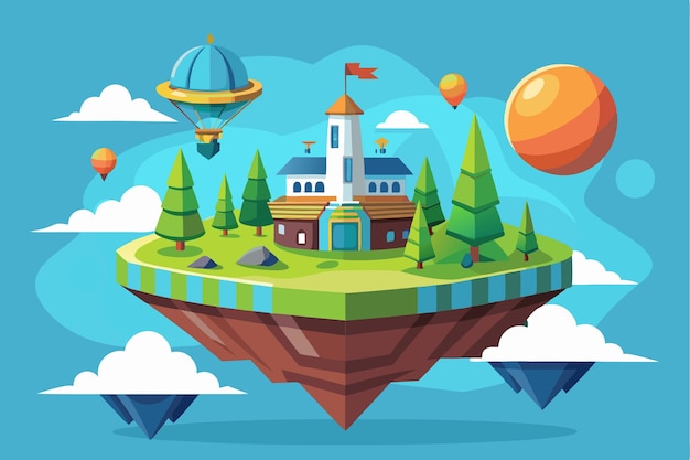 Vector a whimsical castle on a floating island surrounded by trees and colorful hot air balloons floating customizable flat illustration