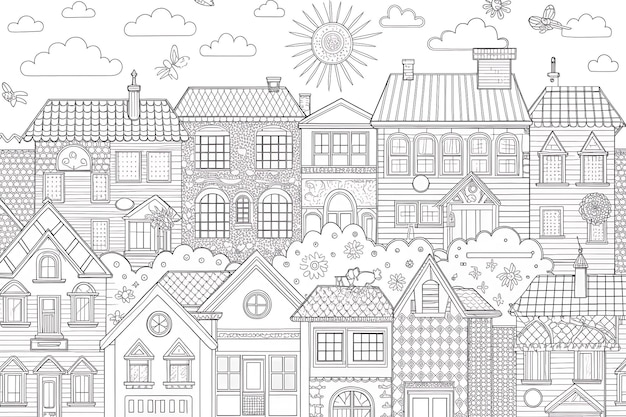 Vector whimsical cityscape coloring page for kids and creative craft projects