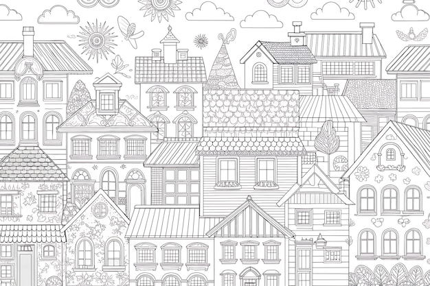 Vector whimsical cityscape coloring page for kids and creative craft projects