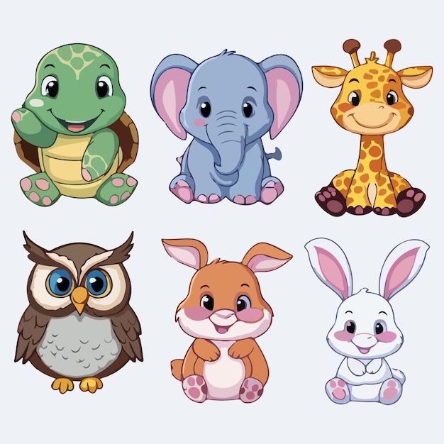 Vector whimsical disney style cartoon animal sticker collection 8 delightful characters