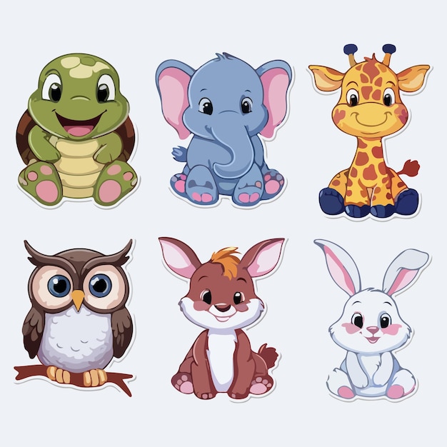 Vector whimsical disney style cartoon animal sticker collection 8 delightful characters