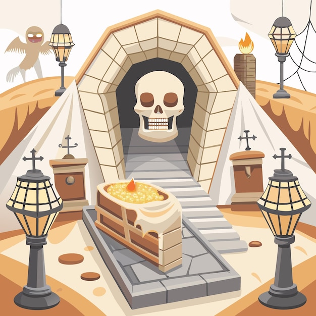 Vector a whimsical entrance to a skullthemed cave with lanterns and a treasure chest