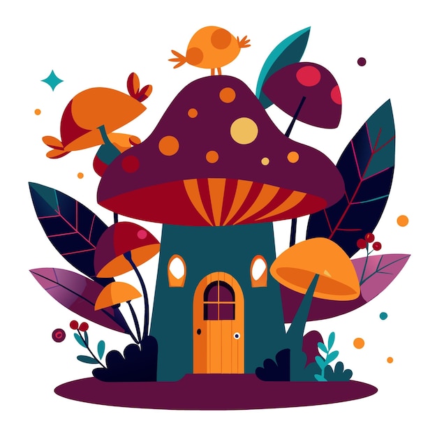 Vector whimsical fairy forest with glowing mushrooms fluttering fairies and a magical treehouse