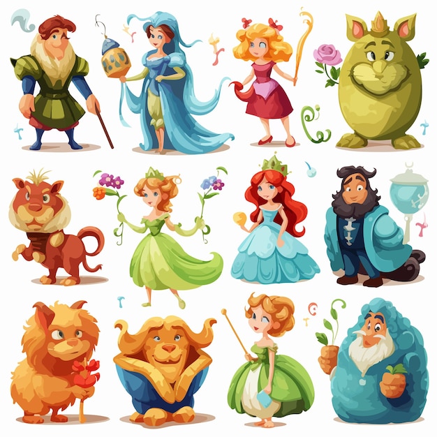 Vector whimsical fairy tale cartoon characters illustration for stories and childrens books