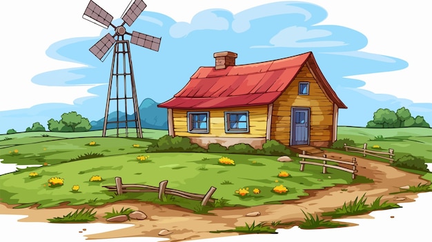 Vector whimsical farmhouse cartoon drawing for creative projects