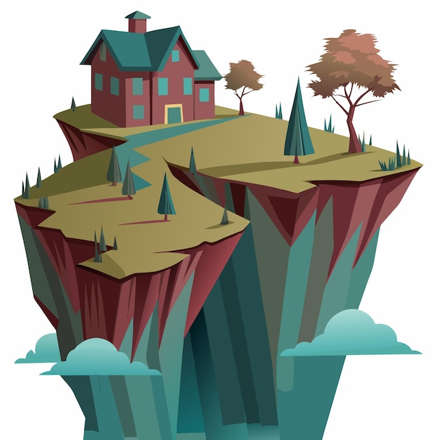 Vector a whimsical floating house on a cliff with trees and clouds