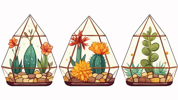 Vector whimsical floral terrarium planting in cartoon gardens with succulents