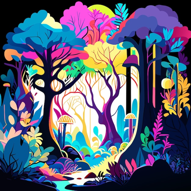 a whimsical forest filled with vibrant colors in an illustrative style creating a magical and encha