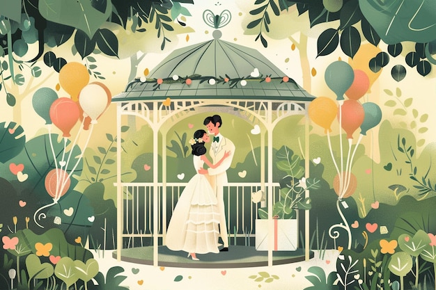 Vector whimsical garden wedding scene with figures