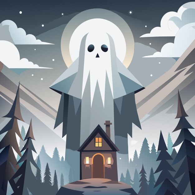 Vector a whimsical ghost figure looms over a cozy cabin in a serene mountainous landscape