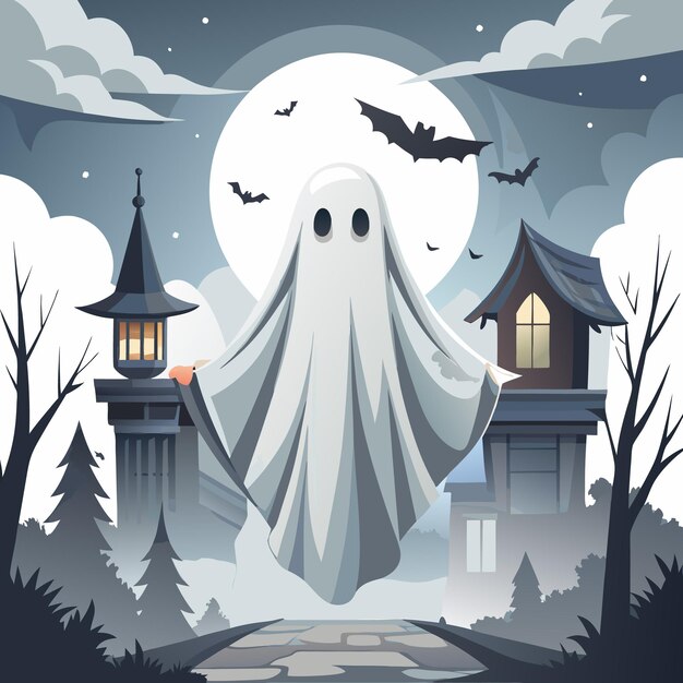 Vector a whimsical ghost floats between two spooky houses under a full moon surrounded by bats