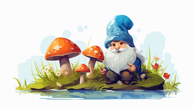 Whimsical Gnome Sitting on Mushroom Cartoon Illustration