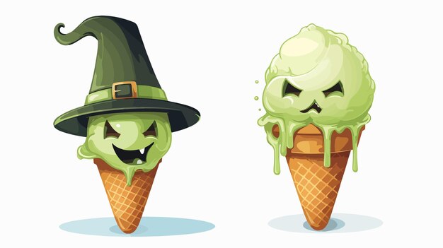 Vector whimsical green ice cream with witch hat for halloween concept