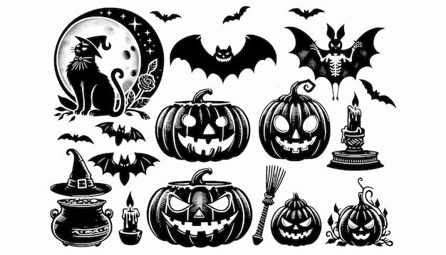 Whimsical Halloween Illustrations with Black Cat JackoLanterns Bats and Spooky Elements Under