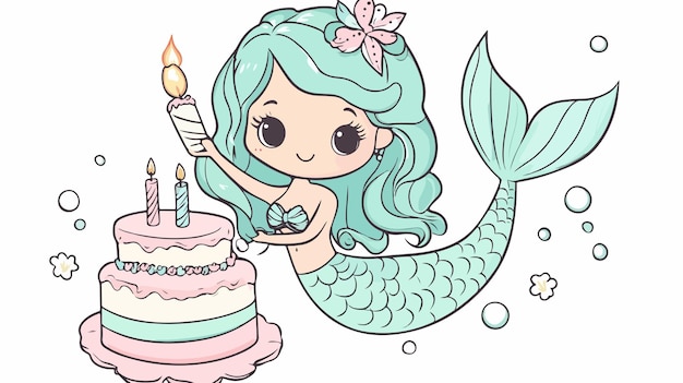 Vector whimsical handdrawn kawaii mermaid princess illustration