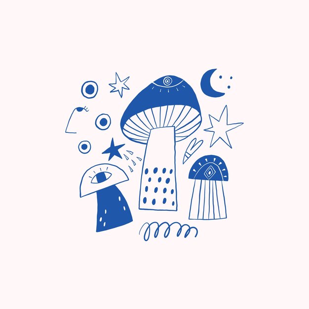 Vector whimsical handdrawn mushroom illustrations with stars and moons