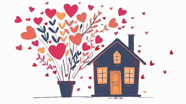 Whimsical House with Heart Bouquet Emanating from Chimney