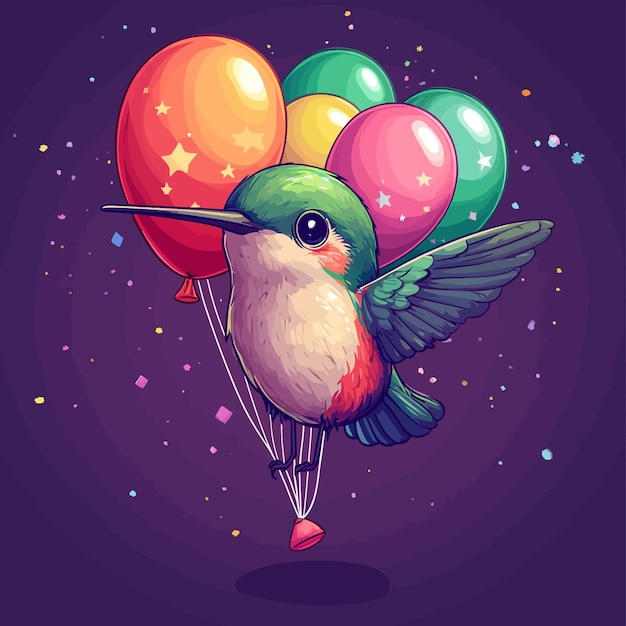 Whimsical Hummingbird with Colorful Balloons Cartoon Vector Art vector illustration