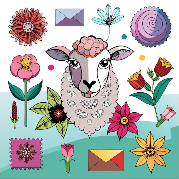 Vector a whimsical illustration featuring a sheep and various flowers and envelopes