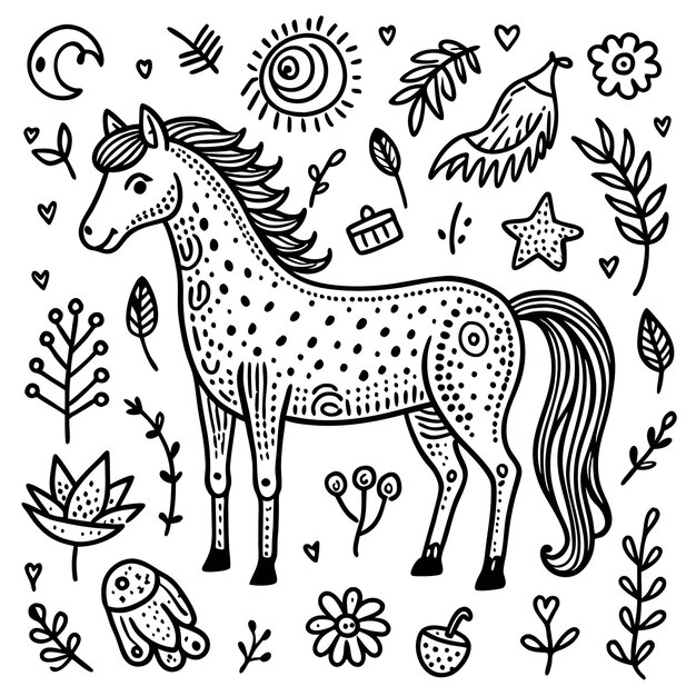 Vector a whimsical illustration of a horse surrounded by nature elements