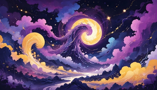 Whimsical illustration of swirling golden waves and a full moon in a starry sky above a serene landscape