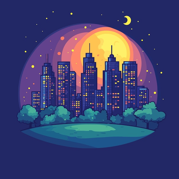 Whimsical Nighttime City Skyline Illustrated in Cartoon Style vector illustration