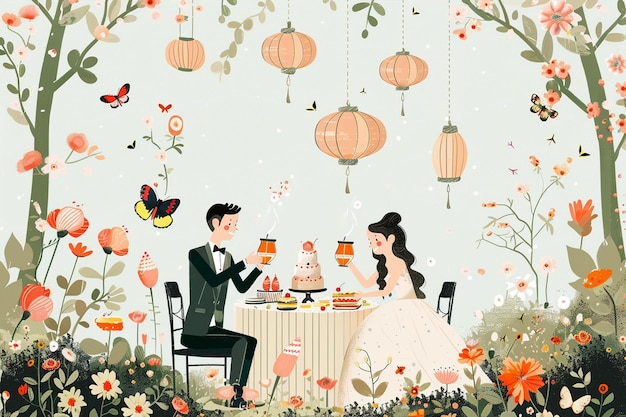 Vector whimsical outdoor wedding scene garden