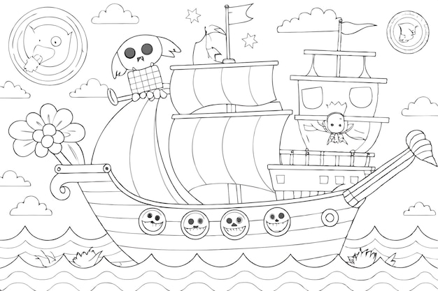 Vector whimsical pirate adventure coloring page for kids activities and crafts