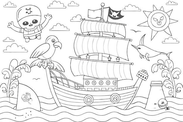 Whimsical Pirate Adventure Coloring Page for Kids Activities and Crafts