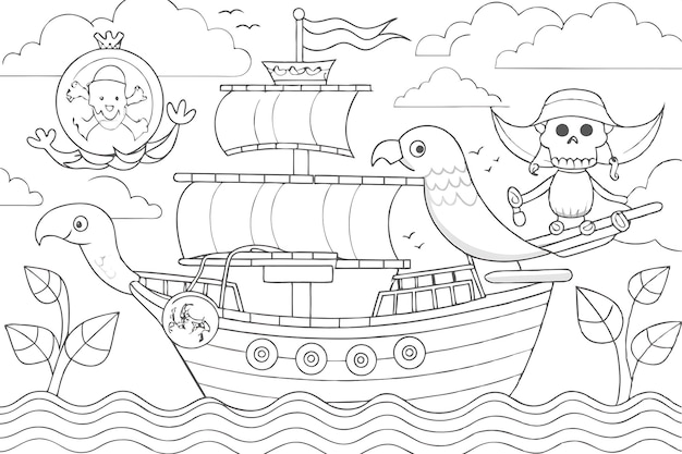 Vector whimsical pirate adventure coloring page for kids activities and crafts