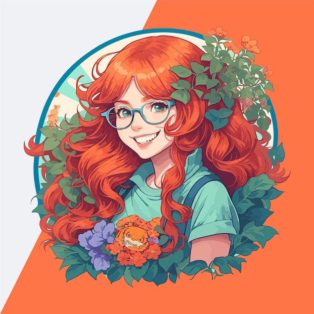 Whimsical Redhead Girl Floral Vector Art for Logos Stickers TShirt Templates