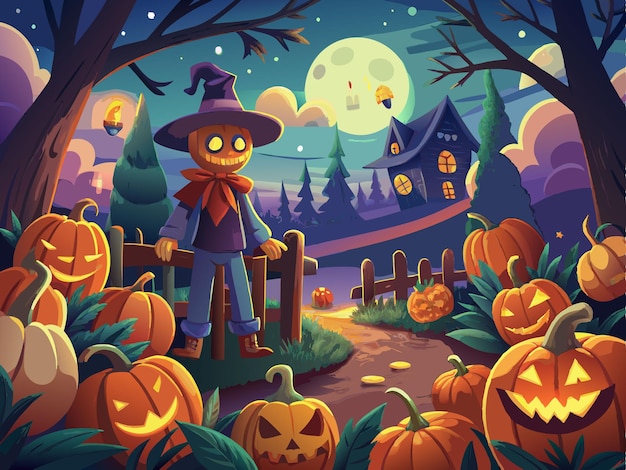 A whimsical scene of a pumpkin patch at night with carved jackolanterns lit up and a scarecrow