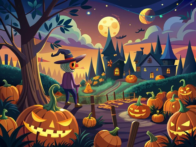 A whimsical scene of a pumpkin patch at night with carved jackolanterns lit up and a scarecrow