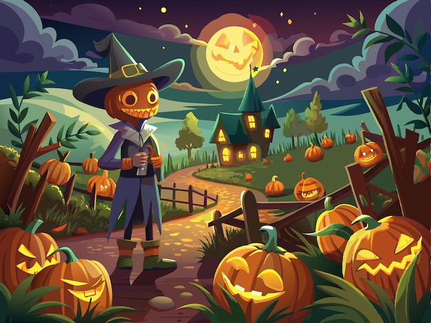 A whimsical scene of a pumpkin patch at night with carved jackolanterns lit up and a scarecrow